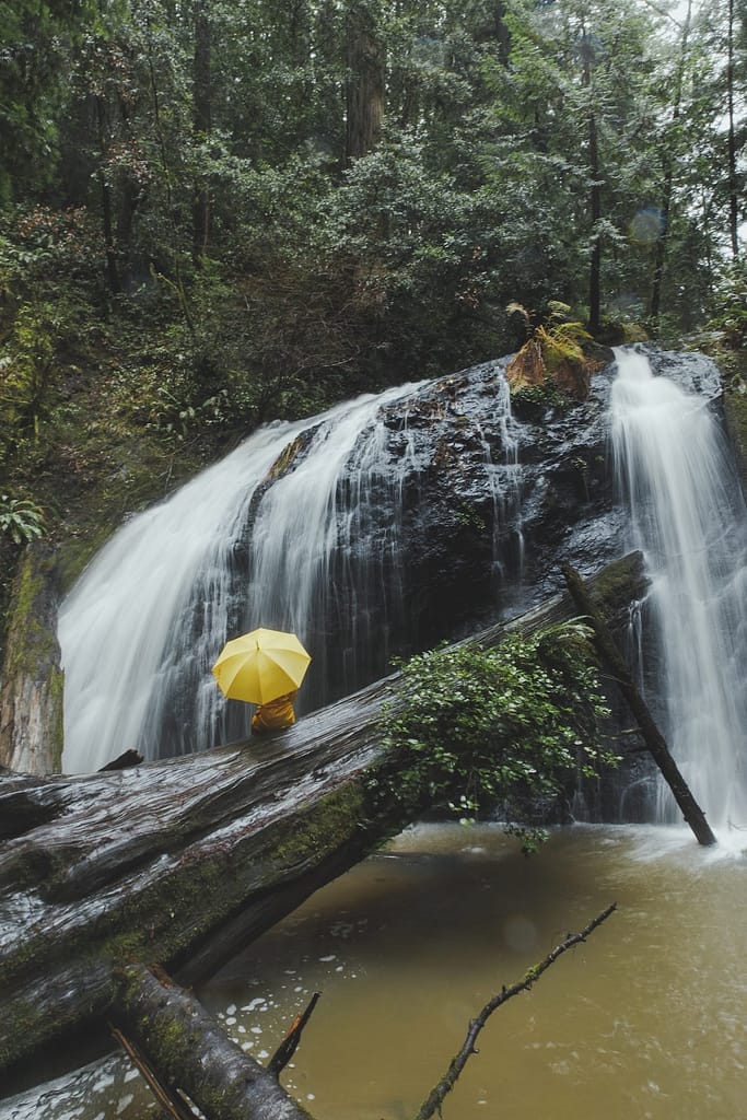 a woman with a yellow umbrella sitting on a log by the waterfall