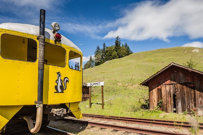 a yellow train with the skunk logo next to rolling hills